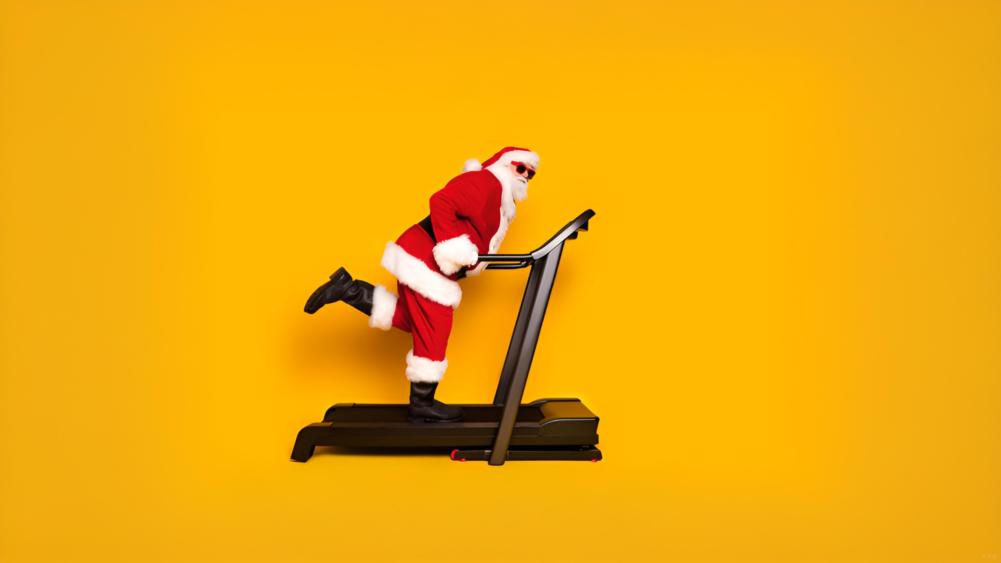 Santa Claus figure on a treadmill against a yellow background