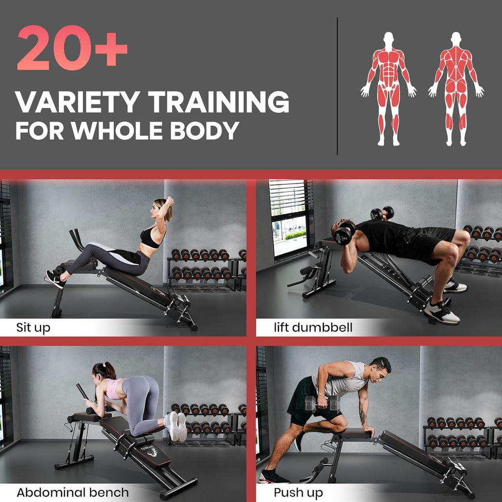 Szene in einem Fitnessstudio mit trainierenden Personen und Text über abwechslungsreiches Ganzkörpertraining.