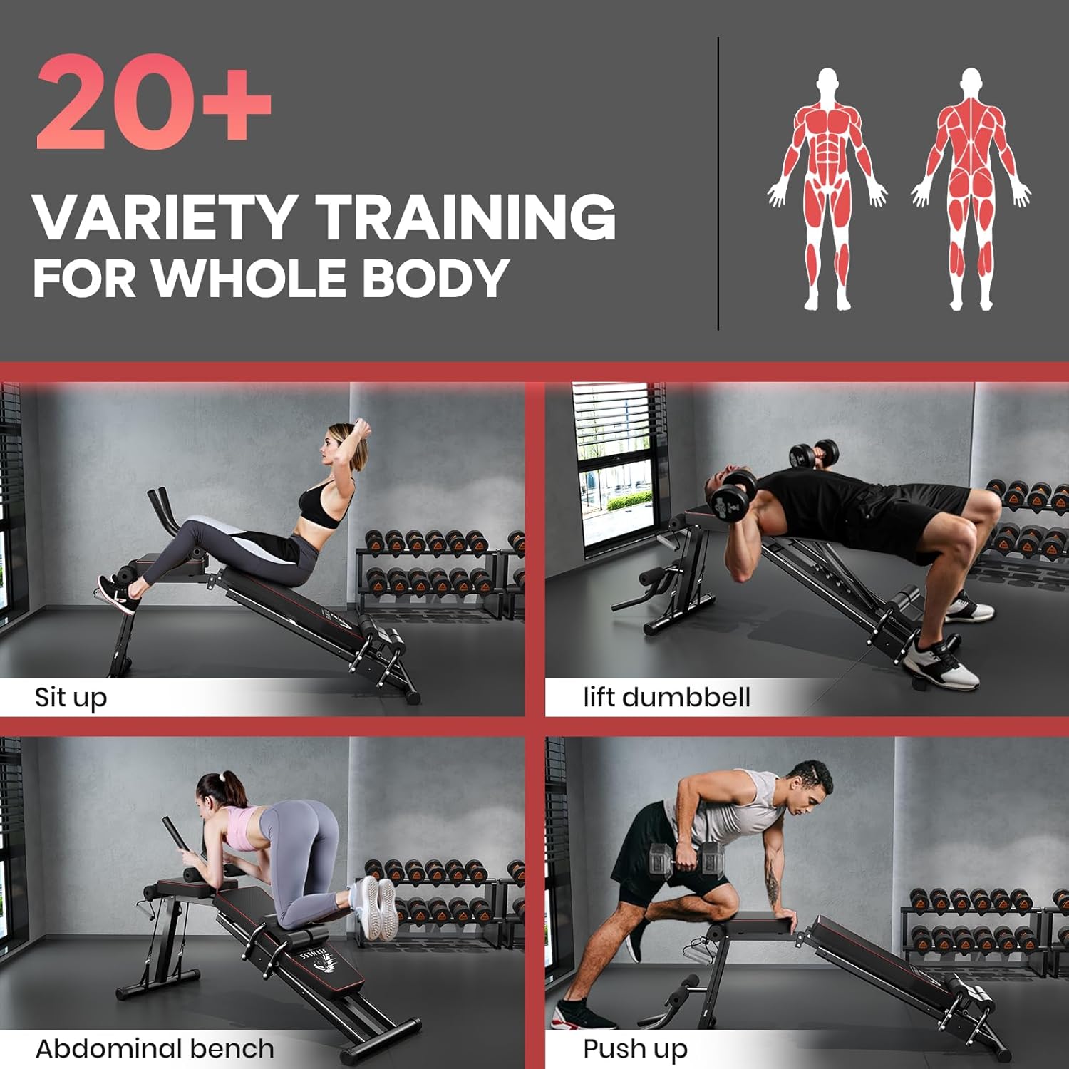 Szene in einem Fitnessstudio mit trainierenden Personen und Text über abwechslungsreiches Ganzkörpertraining.