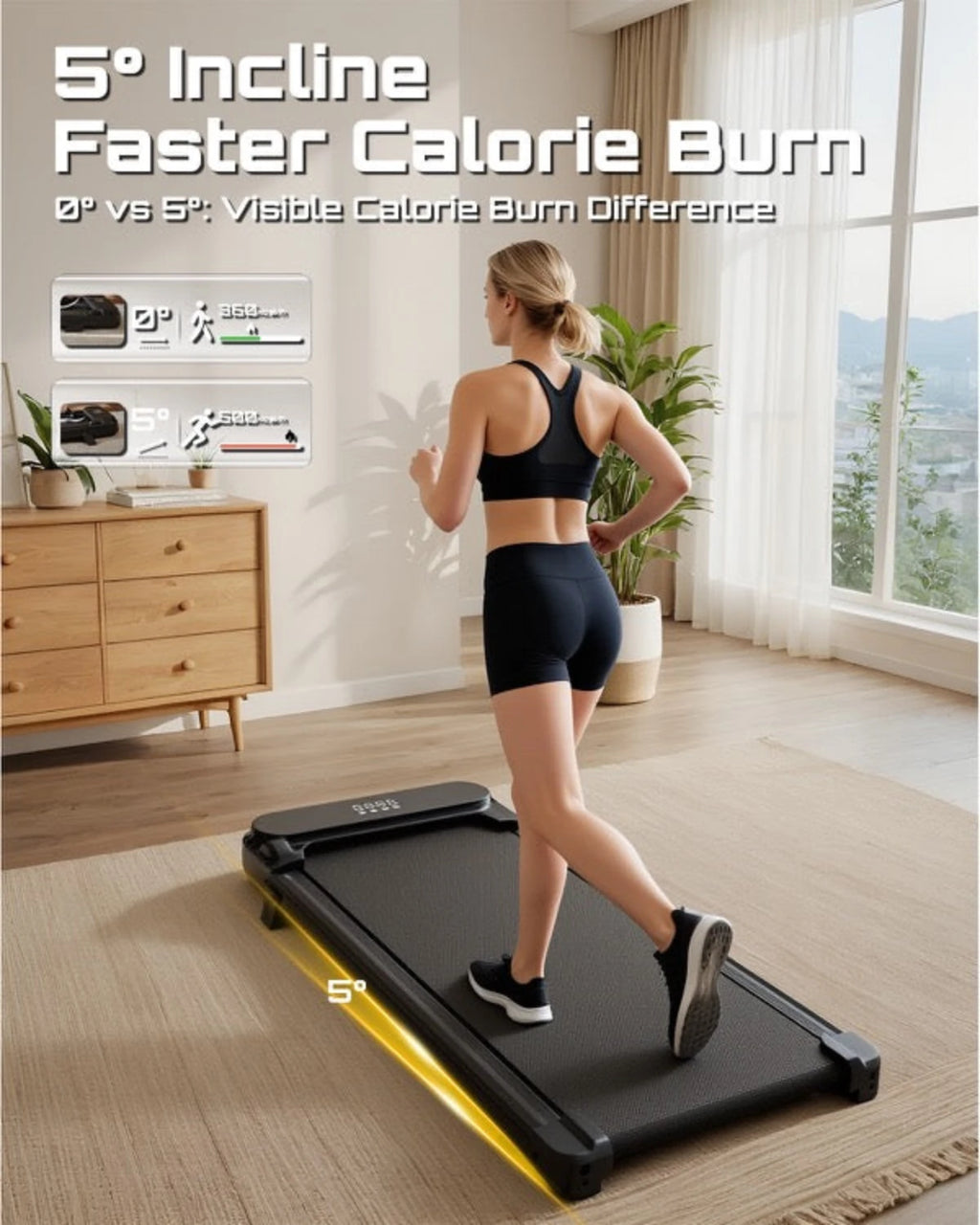Woman using fitvect c1 treadmill in a home setting with text about treadmill incline and calorie burn.