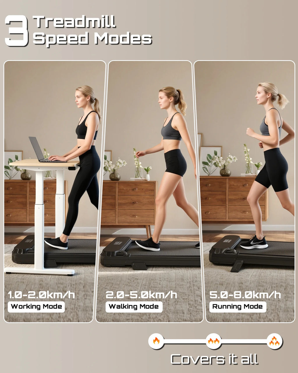 Woman using fitvect c1 treadmill with speed modes displayed on a gray background