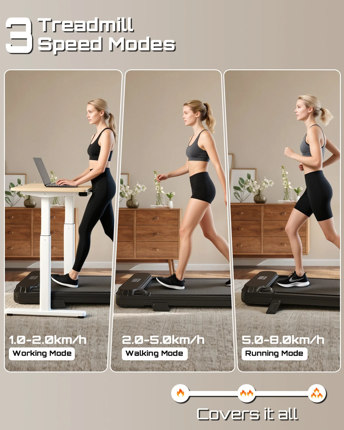 Woman using fitvect c1 treadmill with speed modes displayed on a gray background