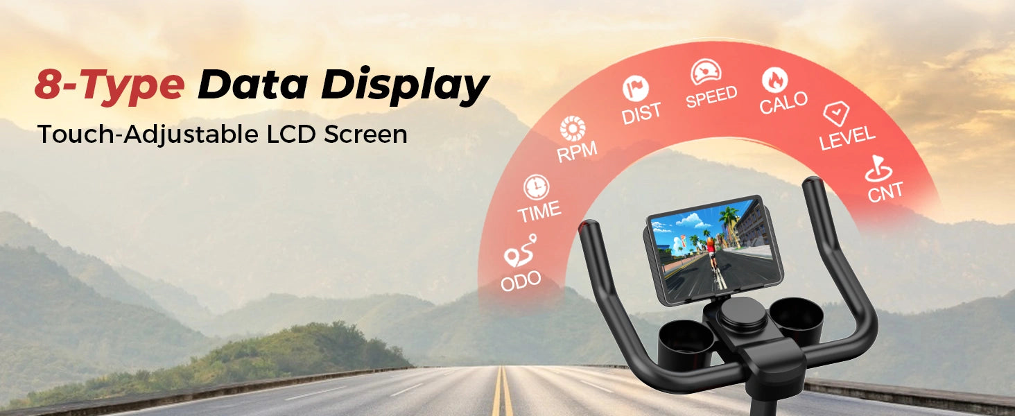 Fitnessbike mit Digitalanzeige und Bergstraßen-Hintergrund