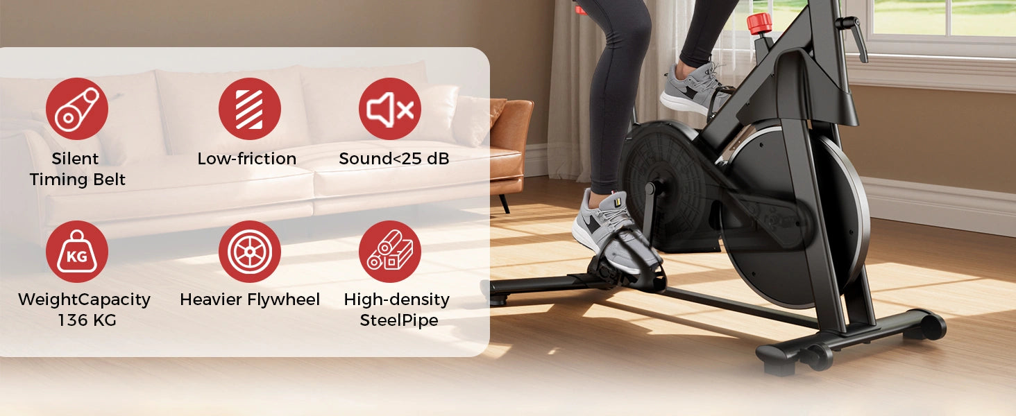 Heimtrainer mit auf weißem Hintergrund hervorgehobenen Funktionen