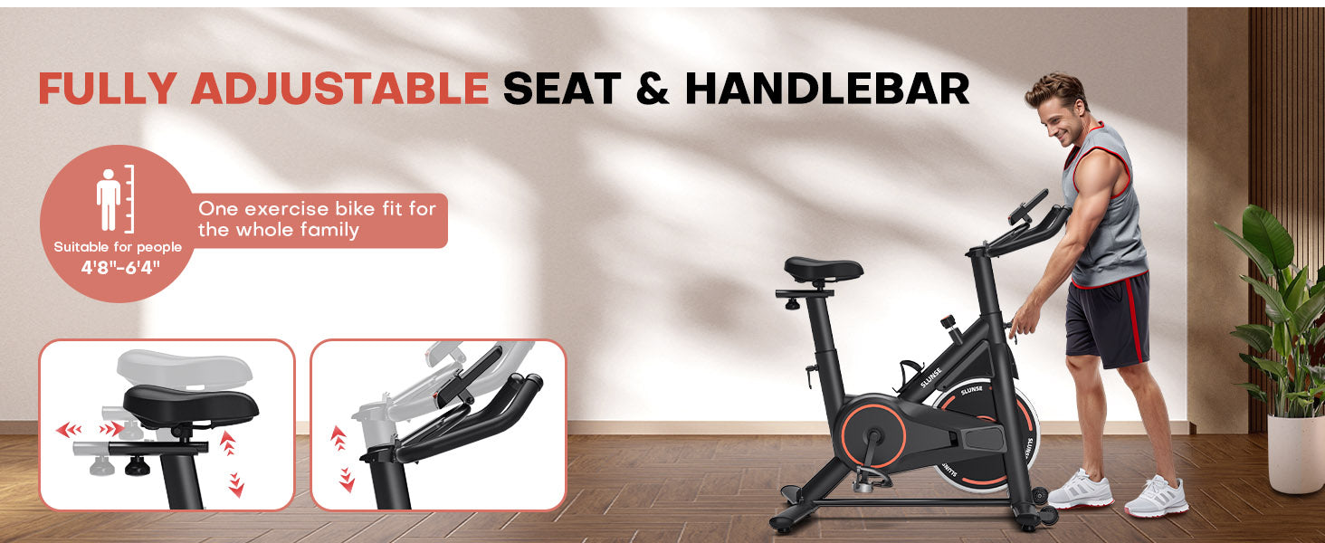 Person benutzt ein stationäres Fahrrad mit verstellbarem Sattel und Lenker in einem Innenraum.