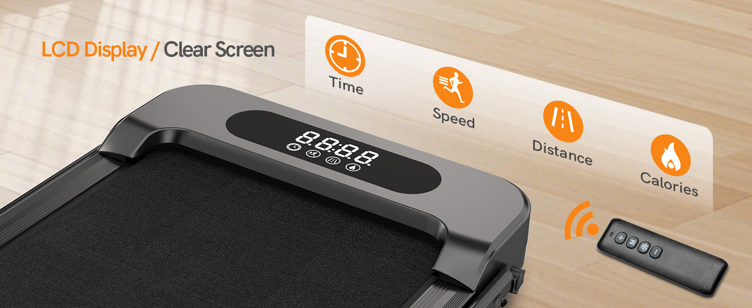 Laufband mit Digitalanzeige und Fernbedienung auf einer Holzoberfläche