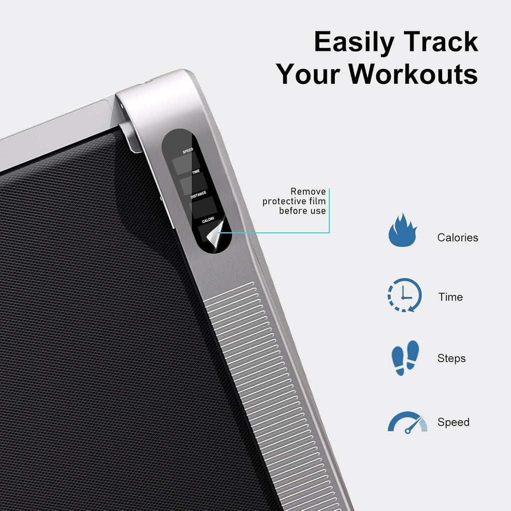 Schrittzähler mit Digitalanzeige und dem Schriftzug „Easily Track Your Workouts“ auf weißem Hintergrund.