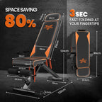 Platzsparende, verstellbare Fitnessbank mit Maßangaben und Klappfunktionsdetails auf dunklem Hintergrund